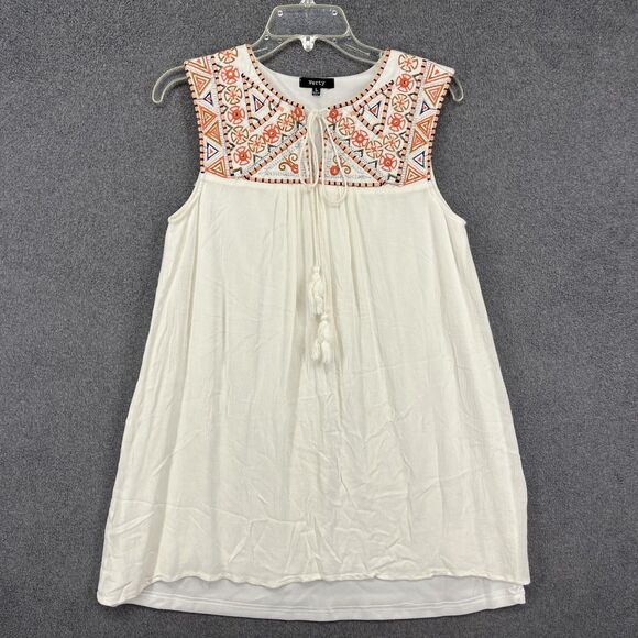 Verty Dress Womens Large White Sleeveless Boho Embroidered Tassel Peasant Tunic - Picture 1 of 16